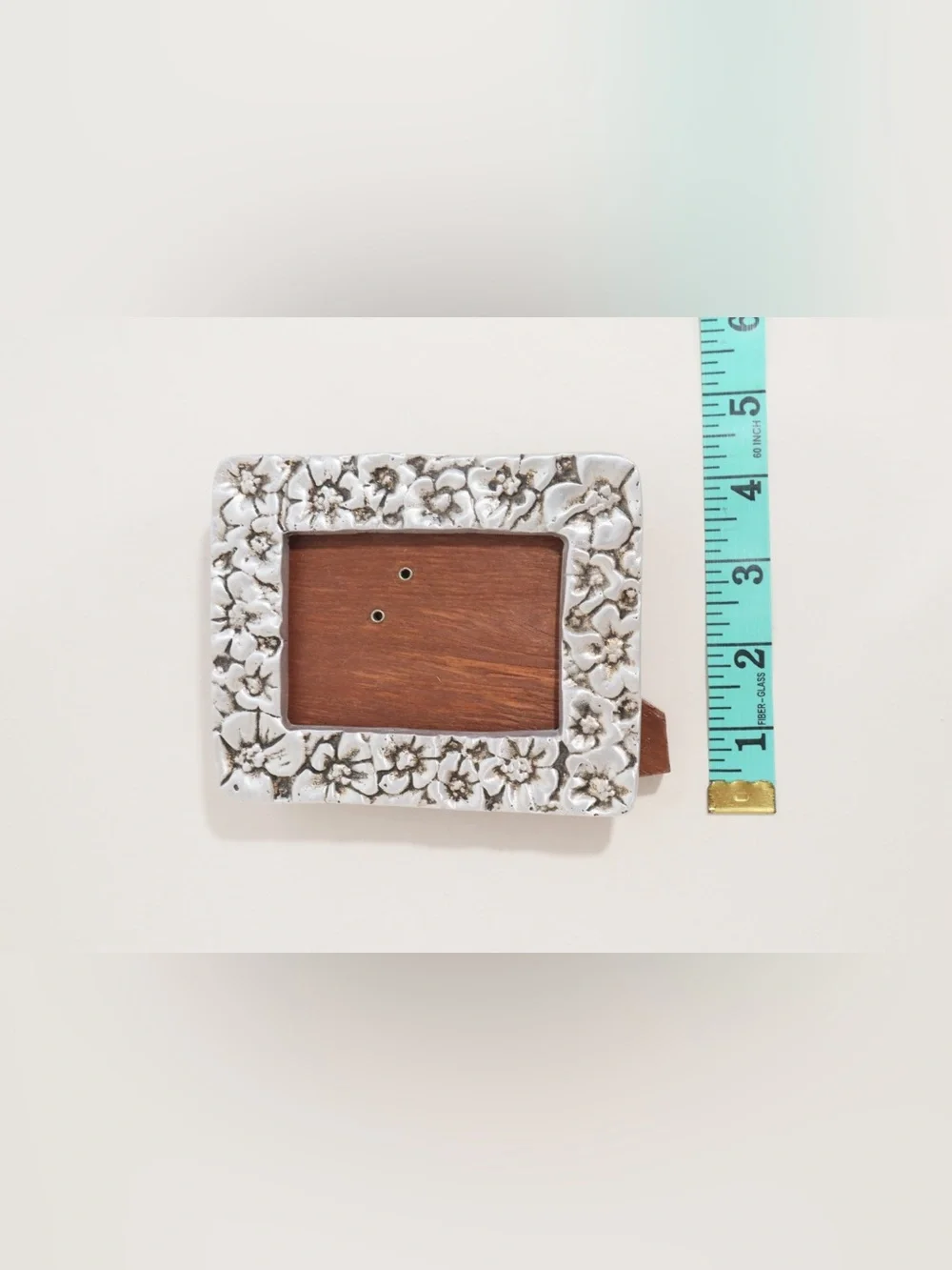 Vintage Mexican Pewter Picture Frame Floral Design Handmade Wood Easel Back 4x5”